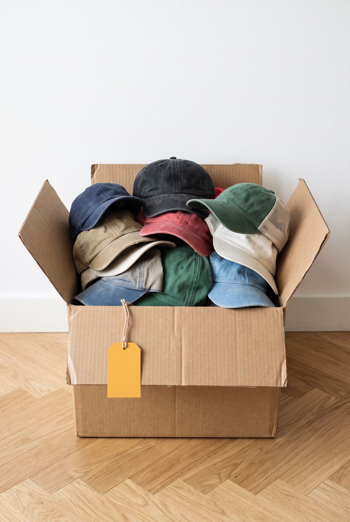 Lot de casquettes vintage seconde main en gros : carton ouvert rempli de casquettes baseball et trucker délavées