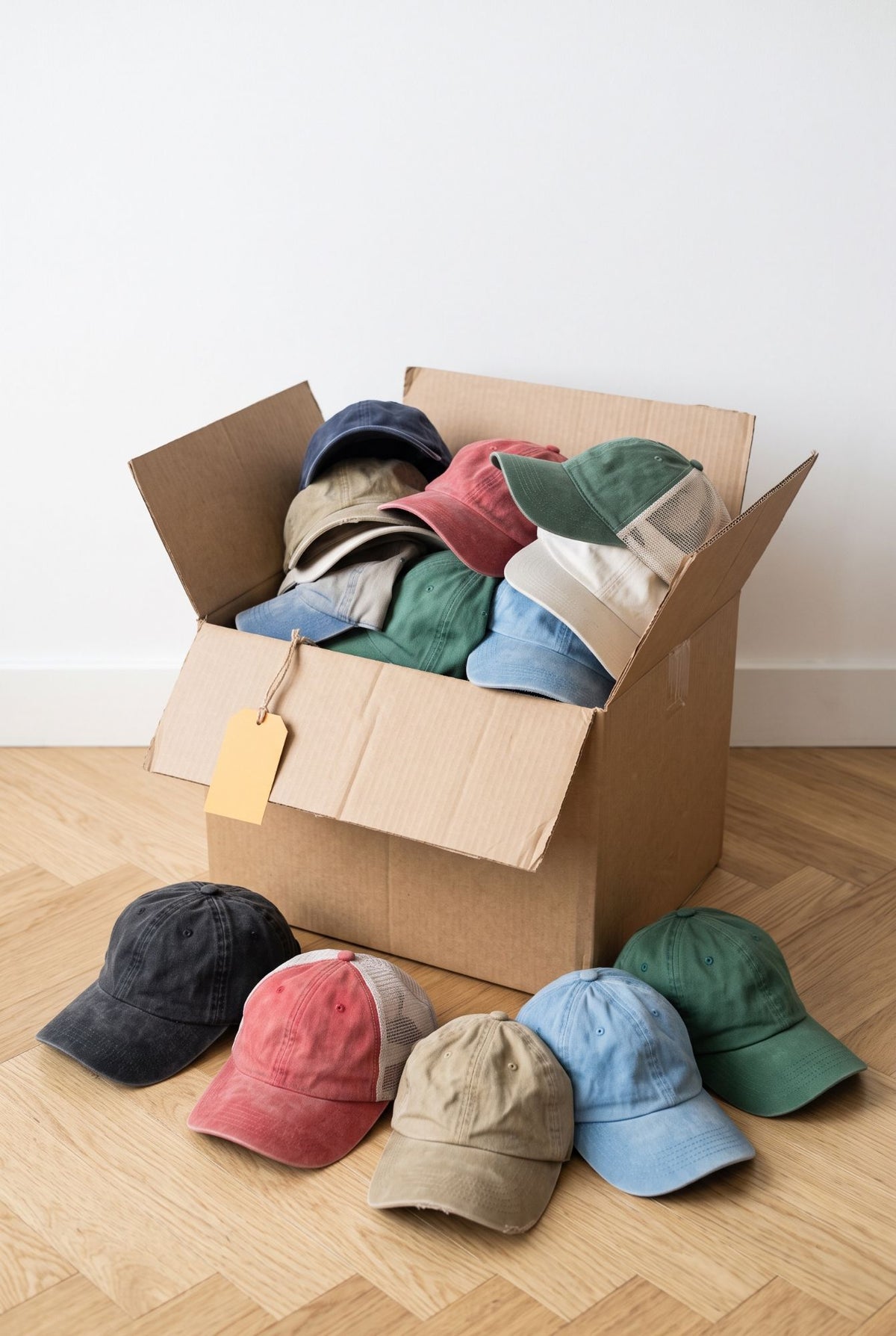 Lot de casquettes vintage en gros vu de trois quarts : carton et casquettes trucker, baseball et dad cap
